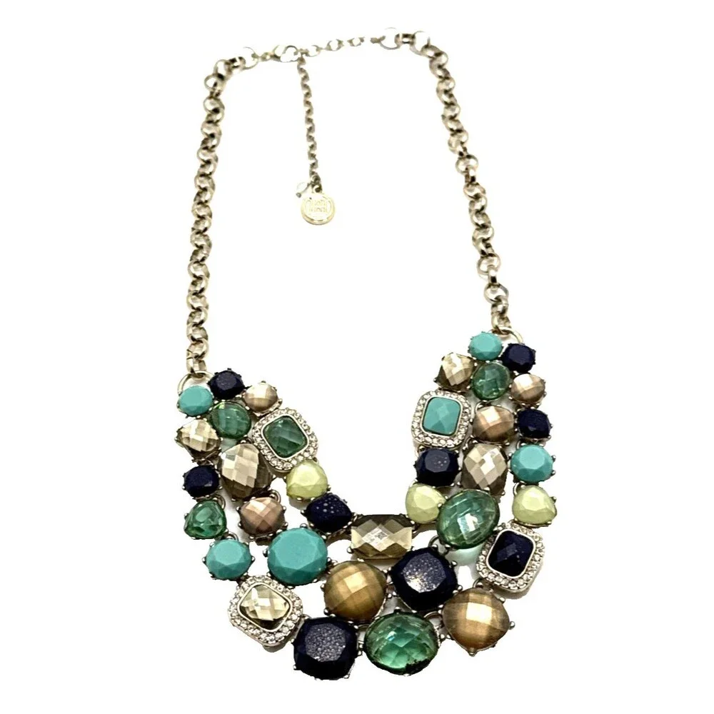 DANA BUCHMAN Teal Blue Beige Rhinestone Bib Necklace Multistrand 16